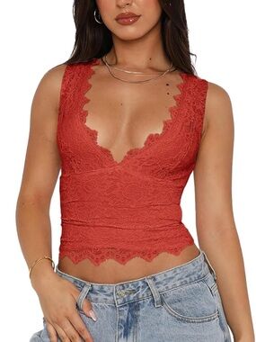 REORIA Lace Crop Top Size Small V-Neck Floral Tank Sexy Fitted Y2K Rusty Red NWT